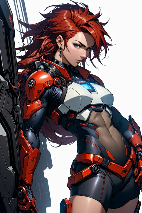 androgynous woman, reddish hair,hair shaved on one side, cowboy shot, dynamic pose, character design by yoji shinkawa, masterpiece, beautiful, best quality, absurdres, UHD, 4k, character design sheet, intricate costume details and items, beautiful face, bodysuit, shorts, combat boots, interesting hair color, cybernetic body parts, cybernetic eye, realistic, photorealism, insane level of detail and accessories,