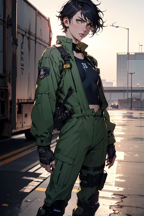 a face like alexandra daddario, small breasts, (flat chested female),wearing a dark green united states navy flightsuit, pixie cut hair, cropped black hair, (yellow eyes:1.1), realistic face, dramatic lighting, , military boots, late evening, cowboy shot, standing outside on an airport runway, design by yoji shinkawa