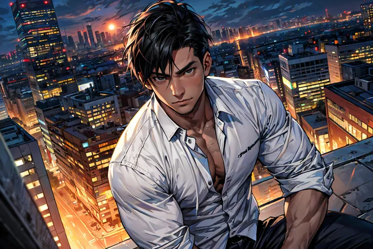 1man,masterpiece,best quality,dusk,cityscape,black hair,muscular male,white shirt,detailed eyes, (black eyes:1.2),<lora:add_detail:0.6>
