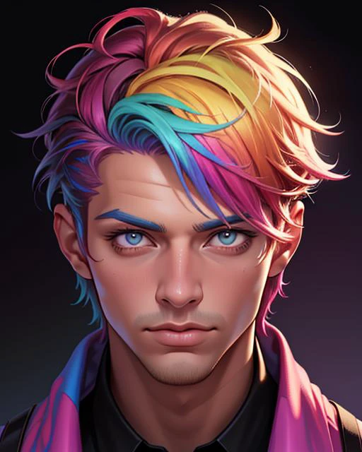 medium shot. handsome man, rainbow hair, short hair, digital painting, overdetailed digital painting, masterpiece quality, best quality, <lora:RainbowHairV1:0.75>