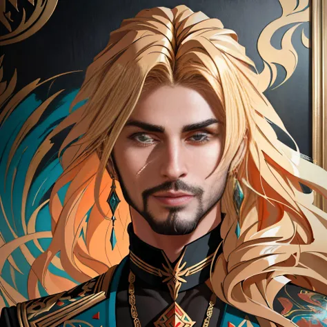 figurative art, medium full shot painting of a beautiful Russian-Persian male prince with long blond hair, abstraction texture grunge painting, Abstract Portrait Painting,, oil on canvas, insanely detailed, front view, symmetrical, octane render, concept art, abstract, artistic, 8k, cinematic, trending on artstation, unreal engine 5, ultra sharp focus, highly detailed, vibrant
