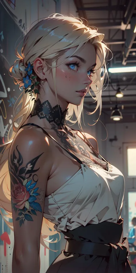 Storyboard,Sun Rays,rim lighting,
Bokeh,Telephoto,intricate,elegant,photography,highly detailed,majestic,EF 70mm,(masterpiece,finely detailed beautiful eyes),hdr,
waist up,Realistic,Tattoo,Painted graffiti,Lace,emerge,Blooming pattern,vegetative,Nine-headed body,whole body,Model,Sound,