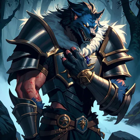 worgen, world of warcraft, werewolf, canid humanoid, male, solo, fantasy, elsweyr, staring at camera, fangs, beast teeth, claws on hands, fur on body, body fur, warrior, armor, plate armor, blood covered, confident,
realistic, cartoon, best quality, best resolution, 4k, vivid, high detail, best detail, confident pose, extroverted, character concept, character portrait, magic the gathering, dungeons and dragons, pathfinder,