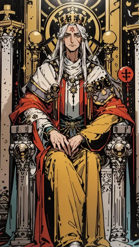 (masterpiece, best quality;1.3),(tarot card:1.2), 1guy, male focused,long hair, young, mature and tall, the hierophant, religious robes, triple crown,male_focus, throne , columns,scepter, <lora:Tarotv0.2:0.9>,looking at viewer, calligraphy characters, symmetrical composition, long shadow, cloody moon,blood splash, ultra detailed