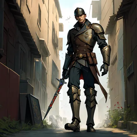 human, soldier, dishonored, autocratic, fascist, imperial, armored, tough, standing guard on a street, helmet, steam punk, fantasy,
realistic, cartoon, best quality, best resolution, 4k, vivid colors, vivid, high detail, best detail, confident pose, extroverted, character concept, character portrait, magic the gathering, dungeons and dragons, pathfinder,