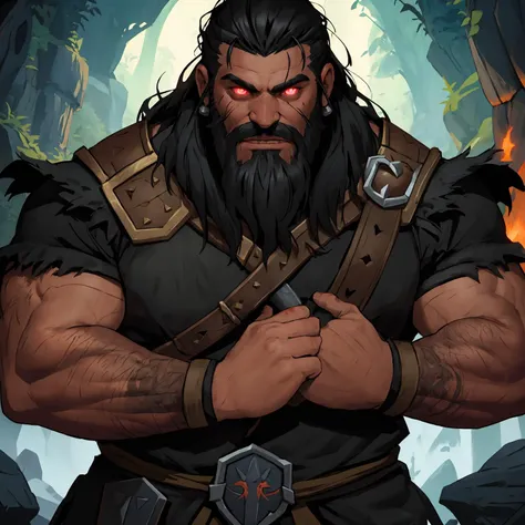 dark iron dwarf, world of warcraft, glowing eyes, black hair, stocky, burly, stout, male, thick long beard, scarred, soot,
realistic, cartoon, best quality, best resolution, 4k, vivid colors, vivid, high detail, best detail, confident pose, extroverted, character concept, character portrait, magic the gathering, dungeons and dragons, pathfinder,