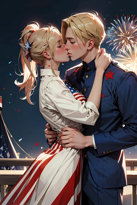 ((best quality, masterpiece, absurbres))Patriotic, American flag, Celebration, National Day, Red, White, Blue, Blonde Hair, Confetti, Stars and Stripes, Romantic, Firework, Kiss, Couple, Passionate, Love