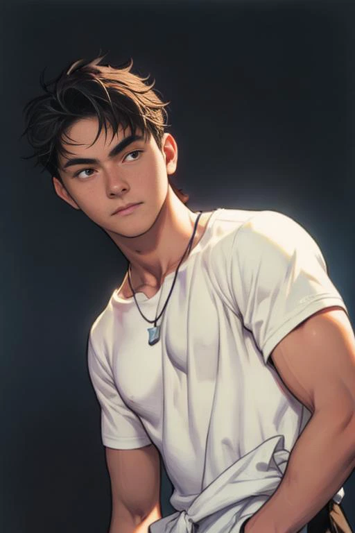 glowing line, 1boy, solo, vortex, hand down, dark blue background, magic, necklace, shirtless, brown short hair, glowing, half body, view from bottom, ((loincloths)), boy, (round face: 1.5),
<lora:add_detail:1>, <lora:gayboy:0.8> , <lora:comiclo:0.7>