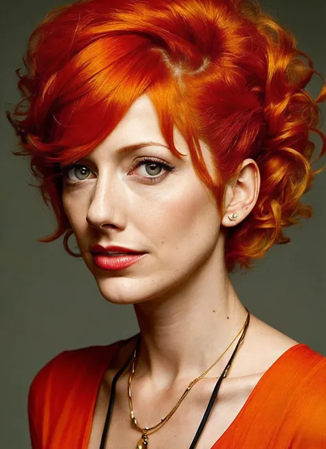 portrait of sks woman by Flora Borsi, style by Flora Borsi, bold, bright colours, orange Mohawk haircut, ((Flora Borsi)), <lora:locon_judy_v1_from_v1_64_32:1.3>
