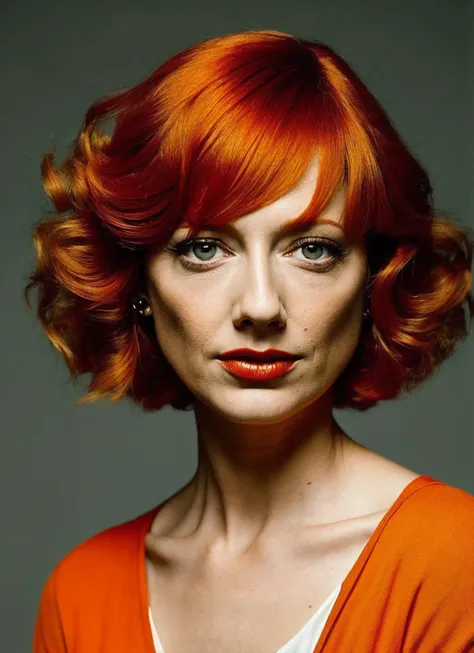 analog style, modelshoot style, portrait of sks woman by Flora Borsi, style by Flora Borsi, bold, bright colours, orange Mohawk haircut, ((Flora Borsi)), <lora:locon_judy_v1_from_v1_64_32:1.3>