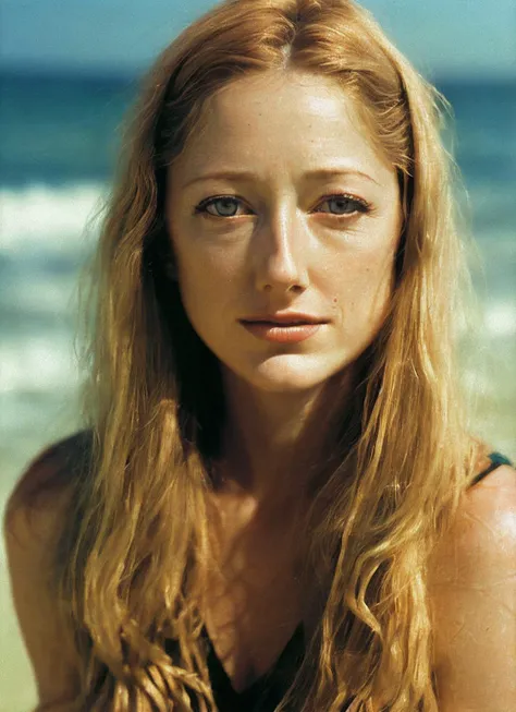 analog style, modelshoot style, photo of beautiful sks woman, hyper realistic photograph, detailed face,film grain, Kodak portra 800, f1.8, intricate, at the beach, <lora:locon_v_v1_from_v2_64_32:1.3>