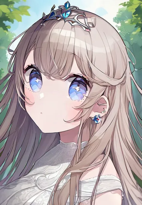 1girl,  head, face, portrait, eyes, long hair,  upper body,  solo,  outdoors, white silk halter dress,   goddess. princess, tiara, absurdres, masterpiece, best quality, by chon