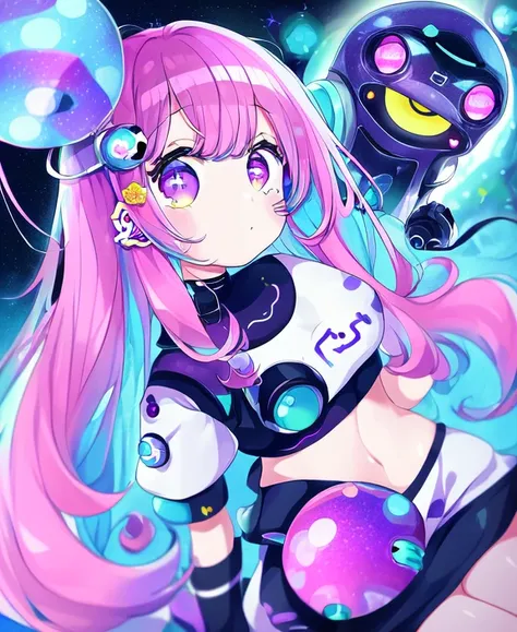 eye, sadness, solo, 1girl, robotic, outer space background, eyes,waist, thighs, retro, hair, arms, hands, cyan, magenta, yellow, masterpiece, by chon