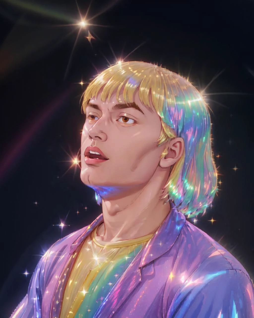 <lora:Ctenophora_v1:0.5>, (he-man:1.3), pink jacket, hime cut see-through, transparent_clothing, face focus, open mouth , close eye, (from side:1.1), <lora:he-man_offset:0.7>, (iridescence sparkle:1.3), looking_up, male focus, jellyfish, blonde_hair, galaxy, transformation