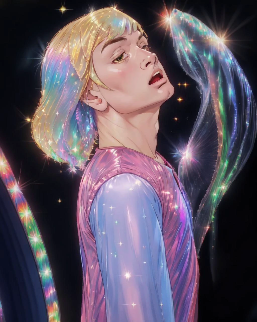 <lora:Ctenophora_v1:0.5>, (he-man:1.3), pink jacket, hime cut see-through, transparent_clothing, face focus, open mouth , close eye, (from side:1.1), <lora:he-man_offset:0.7>, (iridescence sparkle:1.3), looking_up, male focus, jellyfish, blonde_hair, galaxy, transformation