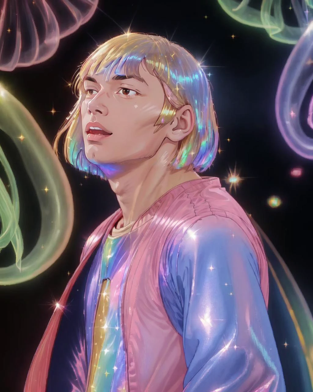 <lora:Ctenophora_v1:0.5>, (he-man:1.3), pink jacket, hime cut see-through, transparent_clothing, face focus, open mouth , close eye, (from side:1.1), <lora:he-man_offset:0.7>, (iridescence sparkle:1.3), looking_up, male focus, jellyfish, blonde_hair,