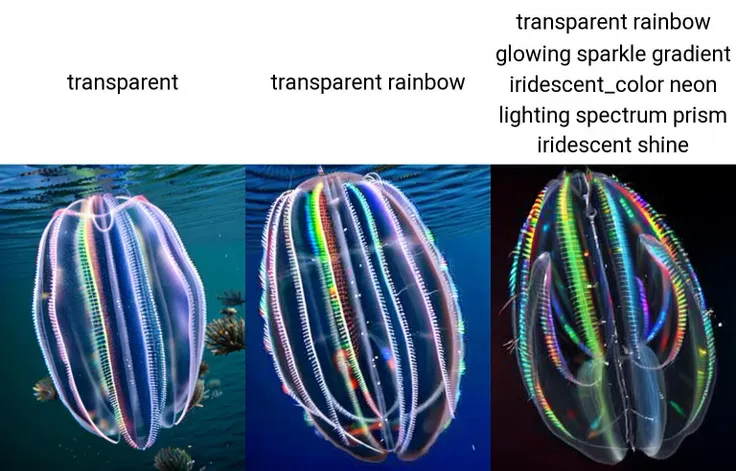 <lora:Ctenophora_v1:0.7>, Ctenophora, combjellies, ocean, transparent