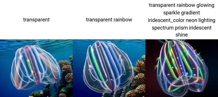 <lora:Ctenophora_v1:0.7>, Ctenophora, combjellies, ocean, transparent