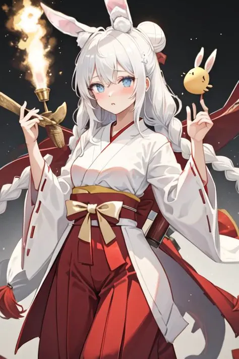 best quality, masterpiece, highres, solo, {white kimono:1.35}, {red hakama:1.35}, {wide sleeves:1.20}, {le_malin_azurlane:1.15}, long_hair, white_hair, bangs, blue_eyes, +_+, very_long_hair, blush, breasts, animal_ears, small_breasts, rabbit_ears, fake_animal_ears, braid, twin_braids, hair_bun, double_bun, animal_ear_fluff, hair_between_eyes