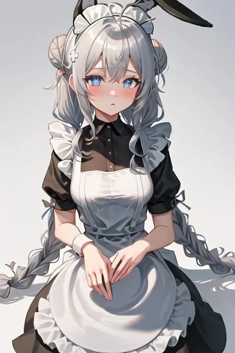 best quality, masterpiece, highres, solo, {maid:1.40}, {long maid dress:1.15}, {le_malin_azurlane:1.15}, long_hair, white_hair, bangs, blue_eyes, +_+, very_long_hair, blush, breasts, animal_ears, small_breasts, rabbit_ears, fake_animal_ears, braid, twin_braids, hair_bun, double_bun, animal_ear_fluff, hair_between_eyes