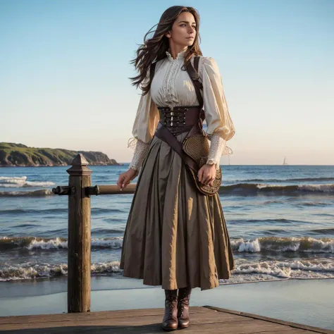 realistic analog photo, award winning photo,
<lora:EEL0.751> woman,  EveEllisTI, wearing <lora:PirateGarb:0.7> wornout PiGa clothes, loose fitted laced shirt, long ruffeled skirt, bracer armor piece, 
victorian era, standing on a wooden pier, looking out to sea, 
,
RAW, highres, 8k, uhd, High Dynamic Range, tonemapping, crisp details,