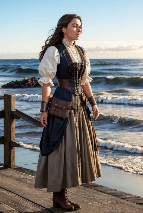 realistic analog photo, award winning photo,
<lora:EEL0.751> woman,  EveEllisTI, wearing <lora:PirateGarb:0.7> wornout PiGa clothes, loose fitted laced shirt, long ruffeled skirt, bracer armor piece, 
victorian era, standing on a wooden pier, looking out to sea, 
,
RAW, highres, 8k, uhd, High Dynamic Range, tonemapping, crisp details,