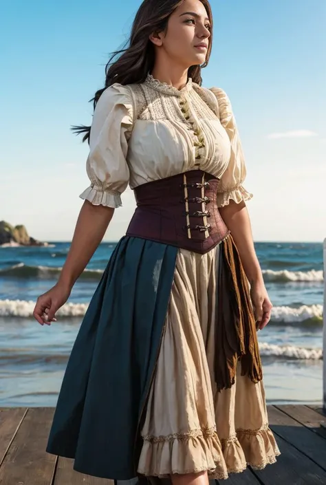 realistic analog photo, award winning photo,
<lora:EEL0.751> woman,  EveEllisTI, wearing <lora:PirateGarb:0.7> wornout PiGa clothes, open loose fitted laced shirt, lifting long ruffeled skirt, bracer armor piece, 
victorian era, standing on a wooden pier, looking out to sea, 
,
RAW, highres, 8k, uhd, High Dynamic Range, tonemapping, crisp details,