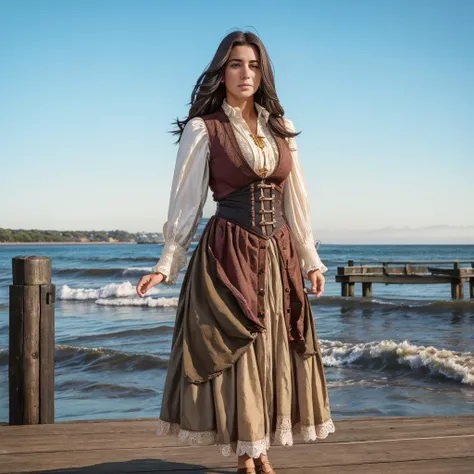 realistic analog photo, award winning photo,
<lora:EEL0.751> woman,  EveEllisTI, wearing <lora:PirateGarb:0.7> wornout PiGa clothes, loose fitted laced shirt, long ruffeled skirt, bracer armor piece, 
victorian era, standing on a wooden pier, looking out to sea, 
,
RAW, highres, 8k, uhd, High Dynamic Range, tonemapping, crisp details,