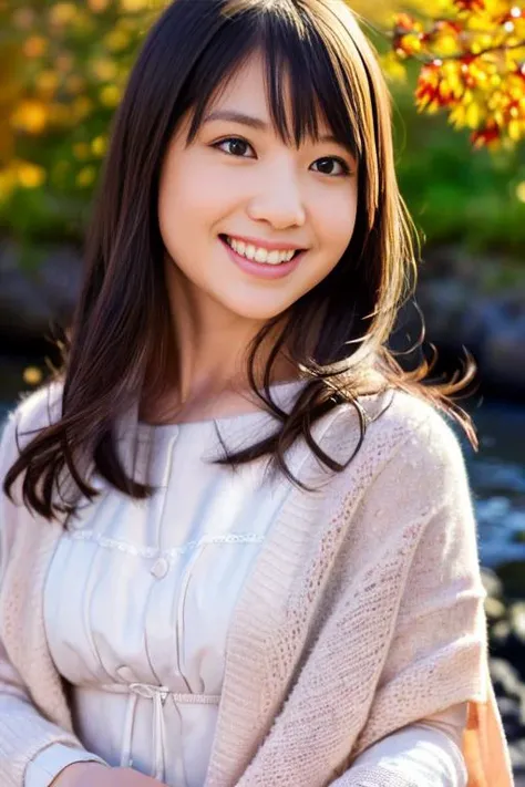 1girl,(wearing a pink dress and a cardigan:1.2),(RAW photo, best quality), (realistic, photo-realistic:1.4), masterpiece, an extremely delicate and beautiful, extremely detailed, 2k wallpaper, Amazing, finely detail, extremely detailed CG unity 8k wallpaper, ultra-detailed, highres, soft light, beautiful detailed girl, extremely detailed eyes and face, beautiful detailed nose, beautiful detailed eyes,cinematic lighting,(autumn scenery:1.2),maple trees in autumn,(by a small rocky river),morning light,perfect anatomy,slender body,(wide smile:1.4),(1 fang visible on upper right teeth:1.4),(long hair with bangs), <lora:koikeyui_lora:1>