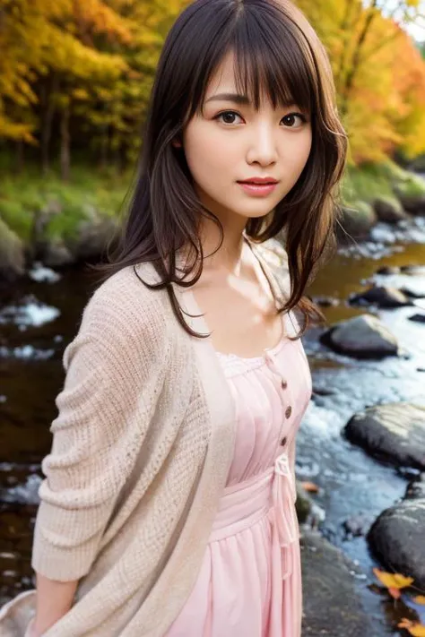 1girl,(wearing a pink dress and a cardigan:1.2),(RAW photo, best quality), (realistic, photo-realistic:1.4), masterpiece, an extremely delicate and beautiful, extremely detailed, 2k wallpaper, Amazing, finely detail, extremely detailed CG unity 8k wallpaper, ultra-detailed, highres, soft light, beautiful detailed girl, extremely detailed eyes and face, beautiful detailed nose, beautiful detailed eyes,cinematic lighting,(autumn scenery:1.2),maple trees in autumn,(by a small rocky river),morning light,perfect anatomy,slender body,smiling,(long hair with bangs), <lora:koikeyui_lora:0.8>