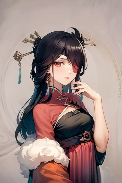 masterpiece, best quality,  <lora:beidou:0.8>, black hair,hairpin,long hair,red eyes,eyepatch, earrings, hanfu,chinese clothes,
