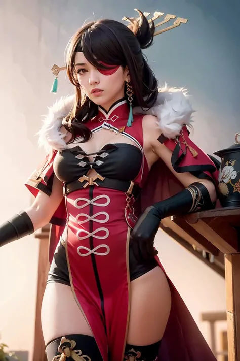 masterpiece, best quality, <lora:beidou:1>,1girl,beidou \(genshin impact\),brown hair,long hair,hairpin,(eyepatch:1.2), gloves,vision \(genshin impact\), earrings, jewelry,cleavage cutout, chinese clothes, pelvic curtain, capelet,fur trim,black thighhighs, kbxll