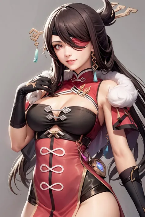 masterpiece, best quality,  <lora:beidou:1>,1girl,smile,beidou \(genshin impact\),brown hair,long hair,hairpin, red eyes,eyepatch, gloves,vision \(genshin impact\), earrings, jewelry,cleavage cutout, chinese clothes, pelvic curtain, capelet,fur trim,black thighhighs, grey background,