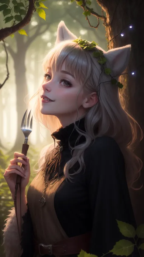 RAW photo, <lora:FurryStyle:1> FurryStyle Style-GravityMagic, looking up, solo, upper body, detailed background, detailed face, (<lyco:CulturePunkBundle-000007:0.5>, fairytaleai, fairytale theme:1.1), sinister smile, druid, wearing (Purple:0.7) witch outfit, rustic hut in the forest, outdoors, gardening tools, ivy, branches, natural remedies, vials, dark sinister atmosphere, dim lighting