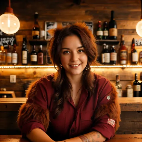 <lora:FluffyStyle:1> FluffyStyle solo, upper body, looking at viewer, detailed background, detailed face, (frontier western theme:1.1) smirk, bartender, simple Maroon clothes, cozy rustic bar interior in background, worn out wooden furniture, rust, wall-decorations, counter, spirits, sign, low light, fantasy atmosphere,