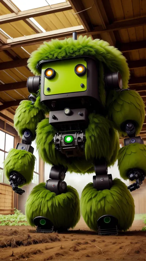 <lora:FurryStyle:1> FurryStyle Green a robot helping with chores in a high-tech farm barn