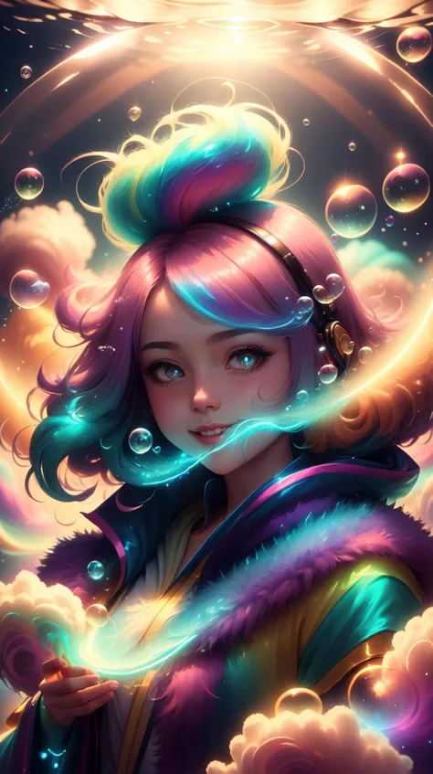 RAW photo, <lora:FurryStyle:1> FurryStyle solo, half shot, looking at viewer, detailed background, detailed face, (<lora:Neonpunkai-8:0.4>, Neonpunkai, neon theme:1.1), bubble-mage, levitating, colorful sorcerer robes, surrounded by magical bubbles, rainbow, large bubbles, wisps of magic, swirling vortex, floating particles, foam, reflections, glowing bubbles, ethereal aura, bubbles in background, dazzling colors, sunshine, jovial magical atmosphere,