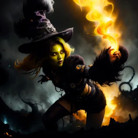 <lora:FluffyStyle:1> FluffyStyle Style-GravityMagic, looking up, solo, upper body, detailed background, (<lora:ToxicPunkAI:0.6>, ToxicPunkAI theme:1.1), witch hat, witch, magical atmosphere, hair flowing in the wind, yellow trimmed light colored clothes, dynamic pose, colorful whirlwind of swirling elemental flames in the air, swirling portal, dark magic, floating particles, underground dungeon background, updraft, backlighting, dim light,
