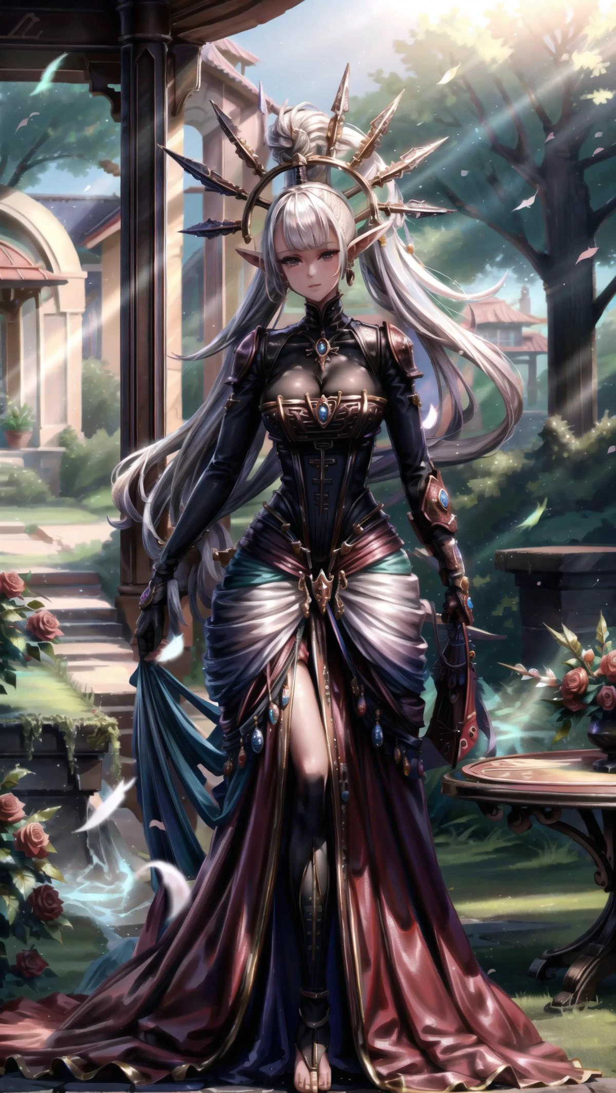 1girl, <lora:FluffyStyle:0.4> FluffyStyle, BREAK,
<lora:Yvraine, The emissary of Ynnead - 40K:0.8> YVRAINE, TOPKNOT, HAIRORNAMENT, white hair, pointy ears, eldari, sidecut, long dress train, <lora:hairdetailer:0.4> BREAK,
cute & girly, looking at viewer, BREAK,
(rose garden, ð¹ð¹ð¹ð¹ð¹,),, masterpiece, best quality, hyperrealistic, extremely detailed, highly quality, 4k, sharp focus, professional photograph, sharp focus, award winning, cinematic lighting, octane render, unreal engine, volumetrics dtx, Wallpaper,