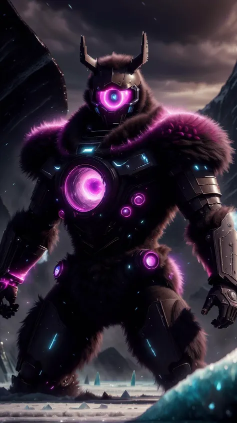 <lora:FurryStyle:1> FurryStyle Fuchsia portrait, solo, (full body:0.6), detailed background, detailed face, (<lora:UltraBlackholeTech:0.6>, warp, scifi,  ulblackholetech theme:1.1), Brown winter warrior, (glowing eyes:1.05),  paladin, dynamic pose, heavy armor,  surrounded by magical aura,  ice shards, icicles, cold, windy background, frozen natural landscape in background  cinematic atmosphere,