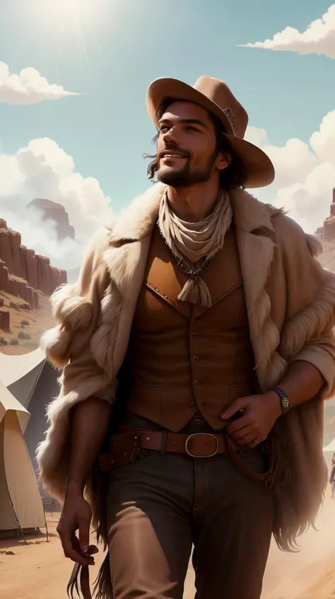 RAW photo,  <lora:FurryStyle:1> FurryStyle portrait,  looking up, focus on character, solo, (full body:0.6), detailed face, (westworld theme:1.1), renegade, bandana,  belt, poncho, bolo tie, walking, grinning, 19th century wild west, american frontier, wild west era campsite  in background,  sunshine, epic atmosphere,