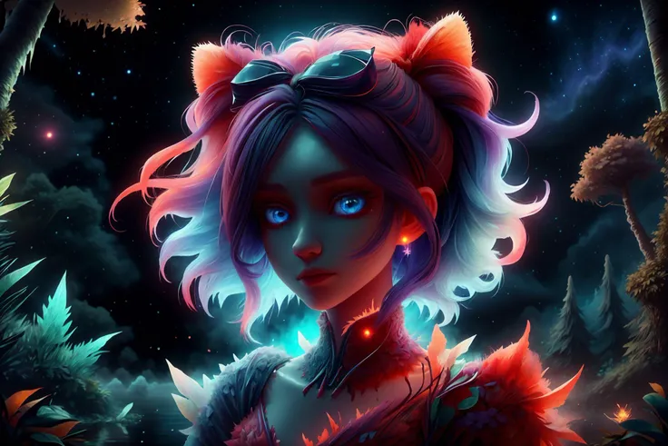 [woman:1],[flower in hair:1],[night sky:1],[lake:1],[blue eyes:2],[red clothes:0.15],[hair bow:2],[forest:3],[fog:3],[purple hair:3],[red moon:4] [<lora:FluffyStyle:0.8> FluffyStyle:2] <lora:ral-faize-sd15:0.8> faize   <lora:BiophyllTech-20:0.8> BiophyllTech, bio, bioluminescent, fully-organic, utopia, glass