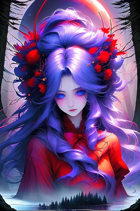 [woman:1],[flower in hair:1],[night sky:1],[lake:1],[blue eyes:2],[red clothes:0.15],[hair bow:2],[forest:3],[fog:3],[purple hair:3],[red moon:4]   [<lora:FluffyStyle:0.8> FluffyStyle:2]