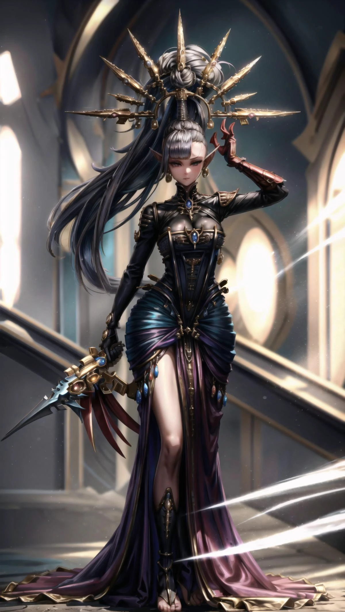 1girl, <lora:FluffyStyle:0.4> FluffyStyle, BREAK,
<lora:Yvraine, The emissary of Ynnead - 40K:0.8> YVRAINE, TOPKNOT, HAIRORNAMENT, pointy ears, eldari, sidecut, long dress train, <lora:hairdetailer:0.4> BREAK,
cute & girly, looking at viewer, BREAK,, masterpiece, best quality, hyperrealistic, extremely detailed, highly quality, 4k, sharp focus, professional photograph, sharp focus, award winning, cinematic lighting, octane render, unreal engine, volumetrics dtx, Wallpaper,