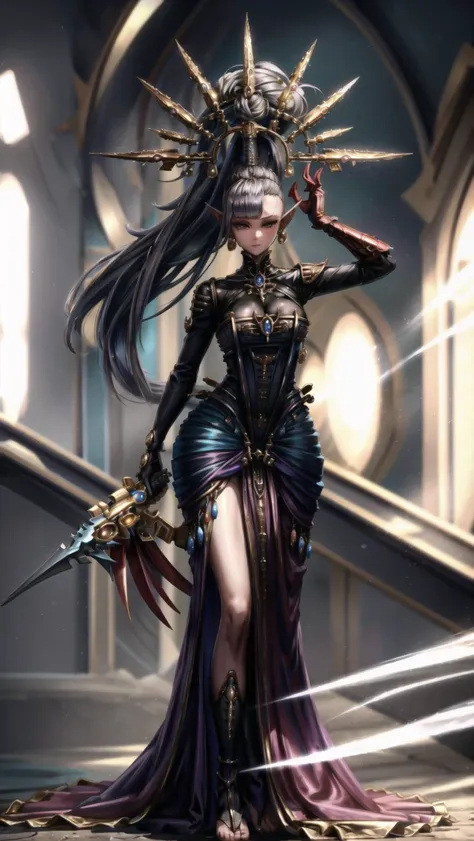 1girl,  <lora:FluffyStyle:0.4> FluffyStyle, BREAK, 
<lora:Yvraine, The emissary of Ynnead - 40K:0.8> YVRAINE, TOPKNOT, HAIRORNAMENT, pointy ears, eldari, sidecut, long dress train,  <lora:hairdetailer:0.4> BREAK,
cute & girly, looking at viewer, BREAK,, masterpiece, best quality, hyperrealistic, extremely detailed, highly quality, 4k, sharp focus, professional photograph, sharp focus, award winning, cinematic lighting, octane render, unreal engine, volumetrics dtx, Wallpaper,