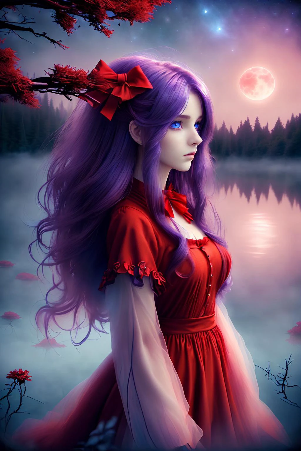 [woman:1],[flower in hair:1],[night sky:1],[lake:1],[blue eyes:2],[red clothes:0.15],[hair bow:2],[forest:3],[fog:3],[purple hair:3],[red moon:4]   [<lora:FluffyStyle:0.8> FluffyStyle:2]