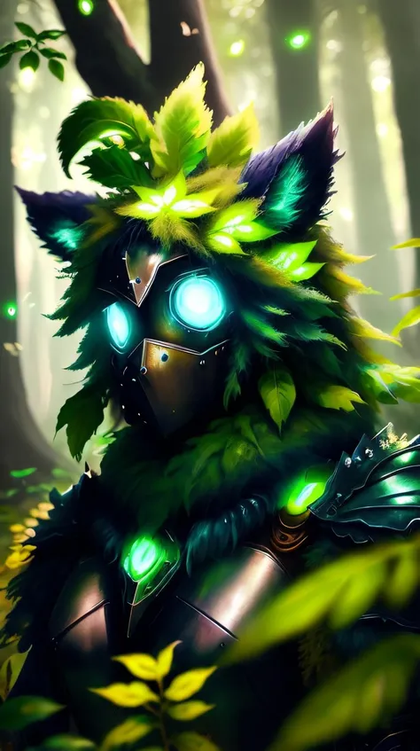 <lora:FurryStyle:1> FurryStyle Indigo (style-rustmagic:0.8), portrait, solo, half shot, looking at viewer, detailed background, detailed face, (fallout theme:1.1) glowing eyes, techno-druid, nature themed armor, harmony of leaves with armor, plated armor, green magical lights, dynamic pose, tree symbols, green magical tattoos, bright renewal inscriptions etched in armor, green energy , magical plant growth, enchanted field in background, autumn, fireflies, windblown leaves, sunlight, eerie atmosphere,, fluffy, furry