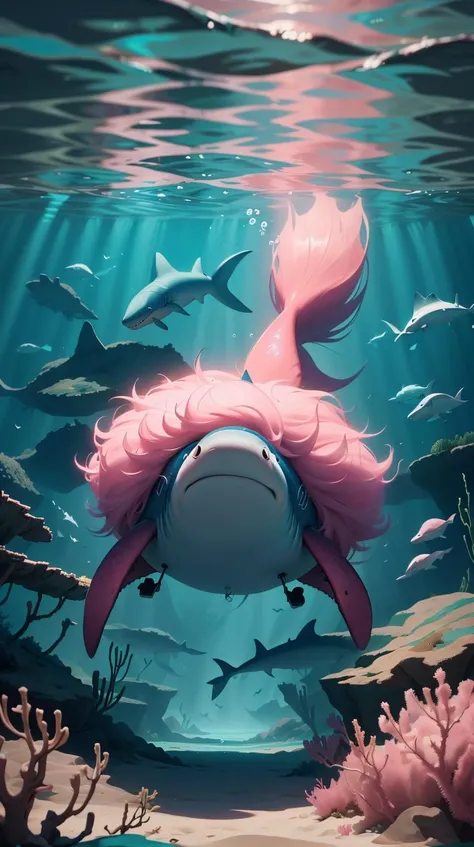 <lora:FurryStyle:1> FurryStyle Pink an undercover agent swimming amidst sharks to reach an underwater lair