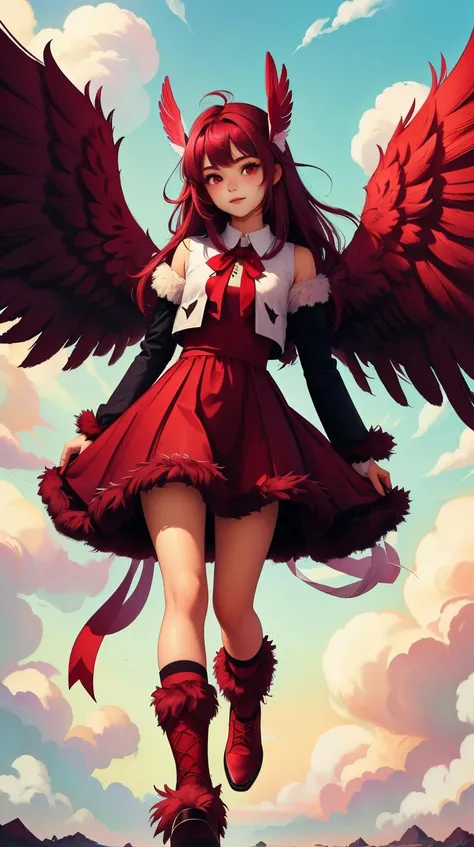 <lora:FurryStyle:1> FurryStyle Maroon  girl wearing a pair of oversized feathered angel wings