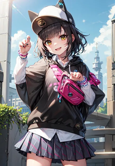 tama kurogane (denonbu), (best quality, 8K, masterpiece, ultra detailed:1.2), cinematic angle, cowboy shot, 
day, dappled sunlight, blue sky, beautiful clouds, cityscape, lens flare, sparkle, light particles, wide shot,
cat hat, poncho, black hoodie, hood down, collared shirt, white shirt, long sleeves, layered sleeves, drawstring, bag, bracelet, nail polish, black nails, plaid skirt, pleated skirt, miniskirt, clothes writing, paw print, sneakers, black socks,
1girl, solo, smile, looking at viewer, collarbone, ribbon, head tilt, paw pose, claw pose,